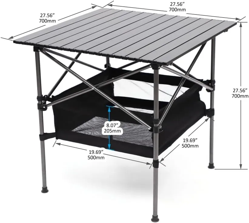 1-piece Folding Outdoor Table with Carrying Bag,Lightweight Aluminum Roll-up Square Table for indoor, Outdoor Camping, Picnics, Beach,Backyard, BBQ, Party, Patio, 27.56X27.56X27.56in, Black