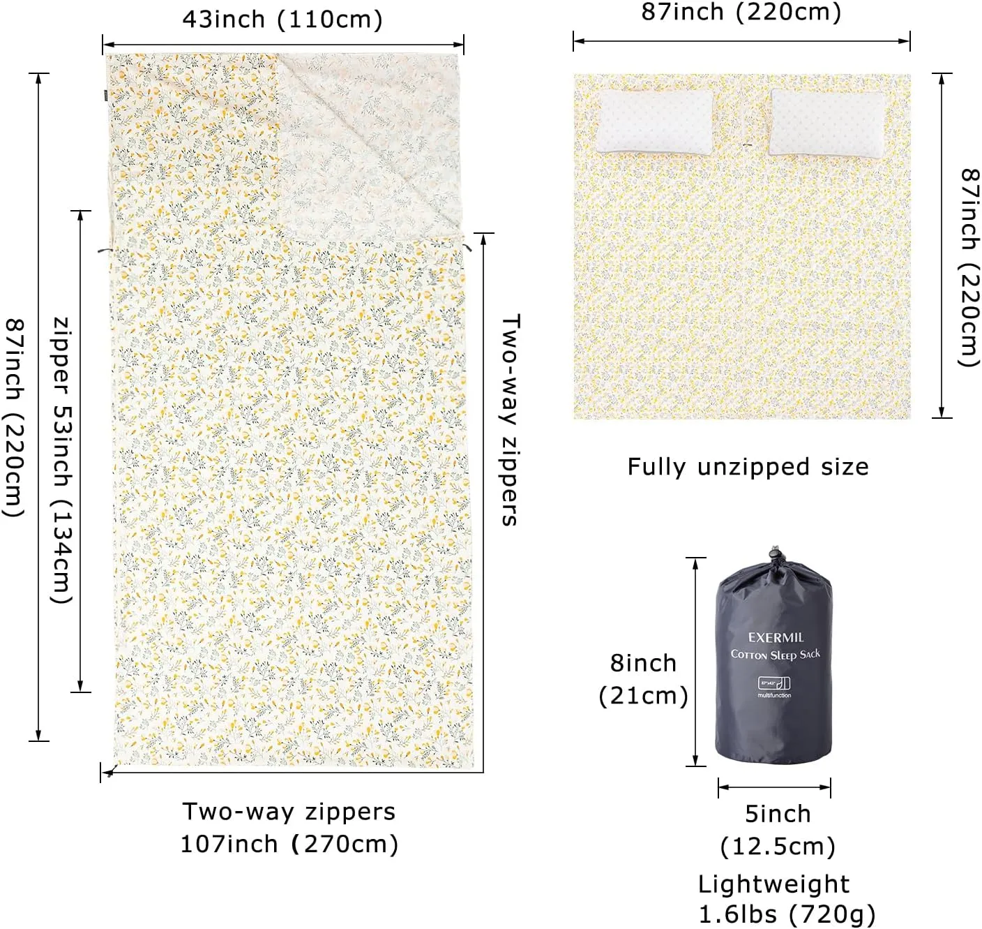 100% Cotton Sleeping Bag Liner with Full Length Zipper on 3 Sides; Single/Double Adult Sleep Sack for Travel & Camping, Multifunctional Travel Sheets (Unzipped 87”x87”) for Hotel, Lightweight