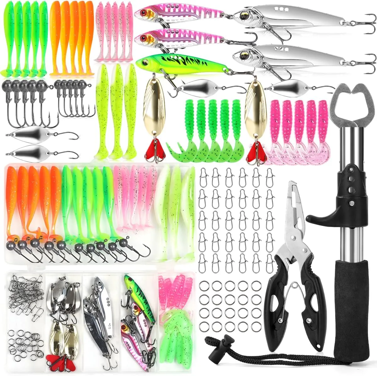 101 PCS Fishing Lure Kit with Fish Lip Gripper Fish Controller Hard and Soft Lures Hooks Jig Heads Weights and Accessories Complete Fishing Gear Set for Freshwater and Saltwater Ideal Gift for Men