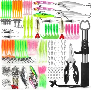 101 PCS Fishing Lure Kit with Fish Lip Gripper Fish Controller Hard and Soft Lures Hooks Jig Heads Weights and Accessories Complete Fishing Gear Set for Freshwater and Saltwater Ideal Gift for Men
