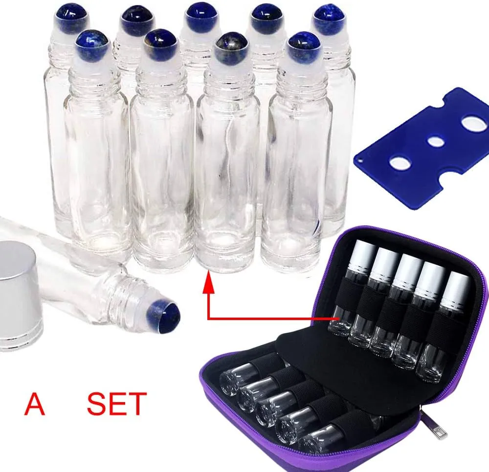 10pcs Clear 10ml Empty Refillable Glass Bottles with Crystal Semiprecious Stones Essential Oil Gemstone Roller Ball Bottles with Silver Lid with Free Bag W3900 (Lapis)