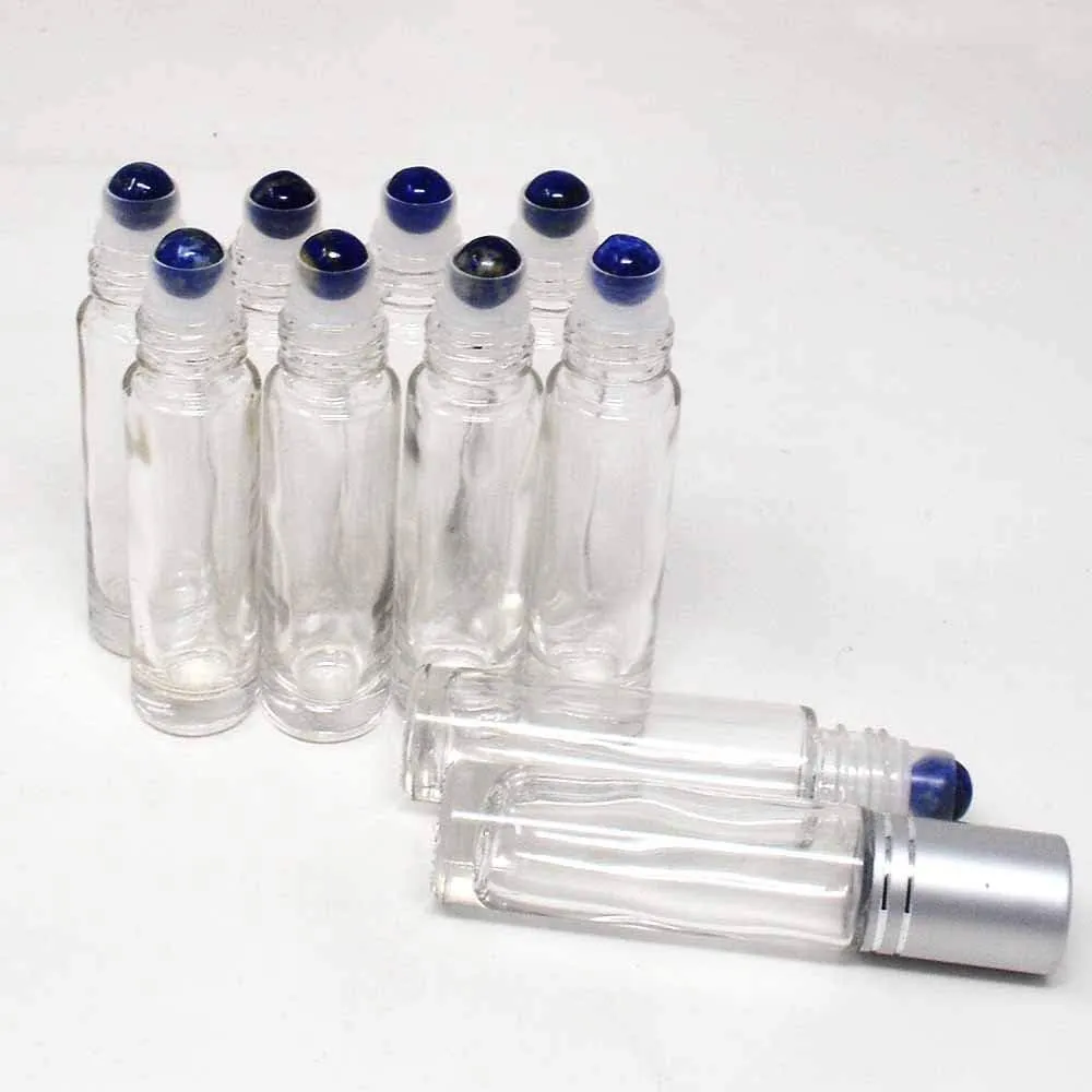10pcs Clear 10ml Empty Refillable Glass Bottles with Crystal Semiprecious Stones Essential Oil Gemstone Roller Ball Bottles with Silver Lid with Free Bag W3900 (Lapis)
