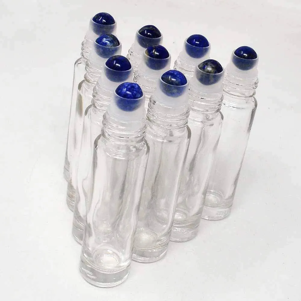 10pcs Clear 10ml Empty Refillable Glass Bottles with Crystal Semiprecious Stones Essential Oil Gemstone Roller Ball Bottles with Silver Lid with Free Bag W3900 (Lapis)