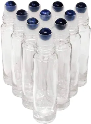 10pcs Clear 10ml Empty Refillable Glass Bottles with Crystal Semiprecious Stones Essential Oil Gemstone Roller Ball Bottles with Silver Lid with Free Bag W3900 (Lapis)