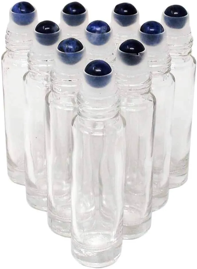 10pcs Clear 10ml Empty Refillable Glass Bottles with Crystal Semiprecious Stones Essential Oil Gemstone Roller Ball Bottles with Silver Lid with Free Bag W3900 (Lapis)