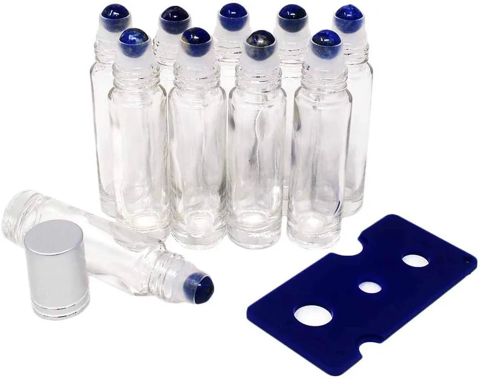 10pcs Clear 10ml Empty Refillable Glass Bottles with Crystal Semiprecious Stones Essential Oil Gemstone Roller Ball Bottles with Silver Lid with Free Bag W3900 (Lapis)