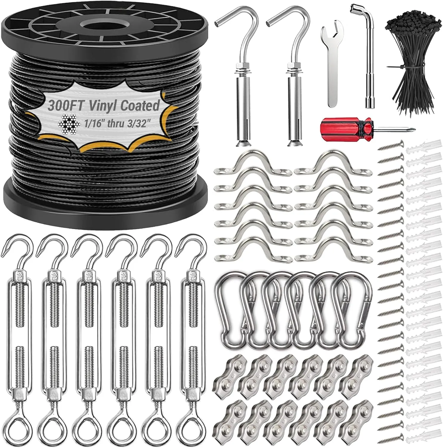 1/16" Wire Rope Kit with 300FT Vinyl Coated 304 Stainless Steel Wire Rope with M5 Turnbuckle, 7x7 Strand Core Tensioner Kit for String Light Hanging, Garden, Clothes Line and Plant Climbing