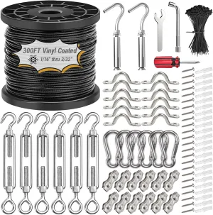 1/16" Wire Rope Kit with 300FT Vinyl Coated 304 Stainless Steel Wire Rope with M5 Turnbuckle, 7x7 Strand Core Tensioner Kit for String Light Hanging, Garden, Clothes Line and Plant Climbing