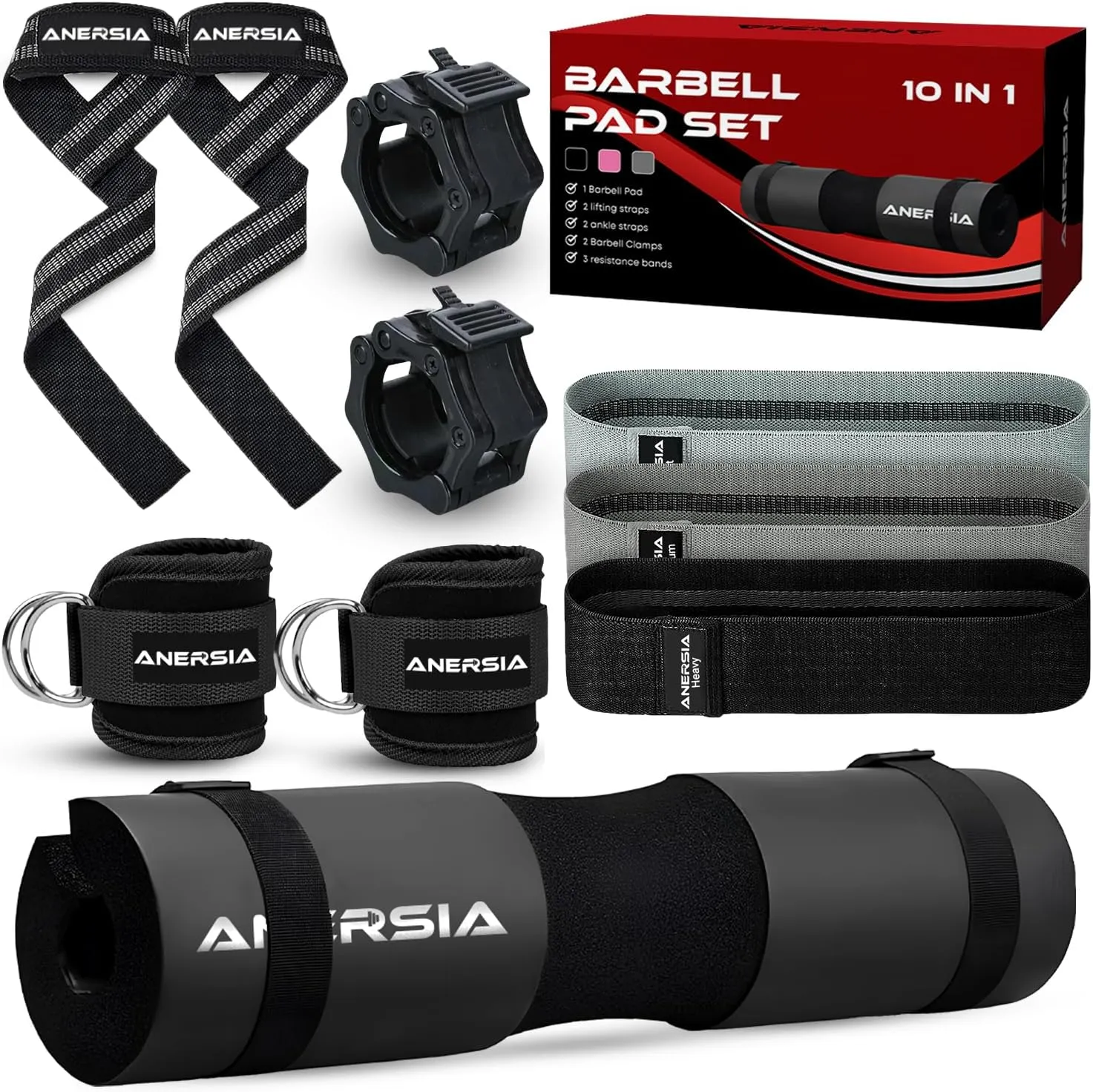 11Pcs Gym Squat Pad Set: Barbell Pad Cushion for Hip Thrust, Ankle Strap for Cable Machine, Weight Lifting Straps, Resistance Bands, Barbell Clip Auto Versatile Workout Kit for Women and Men