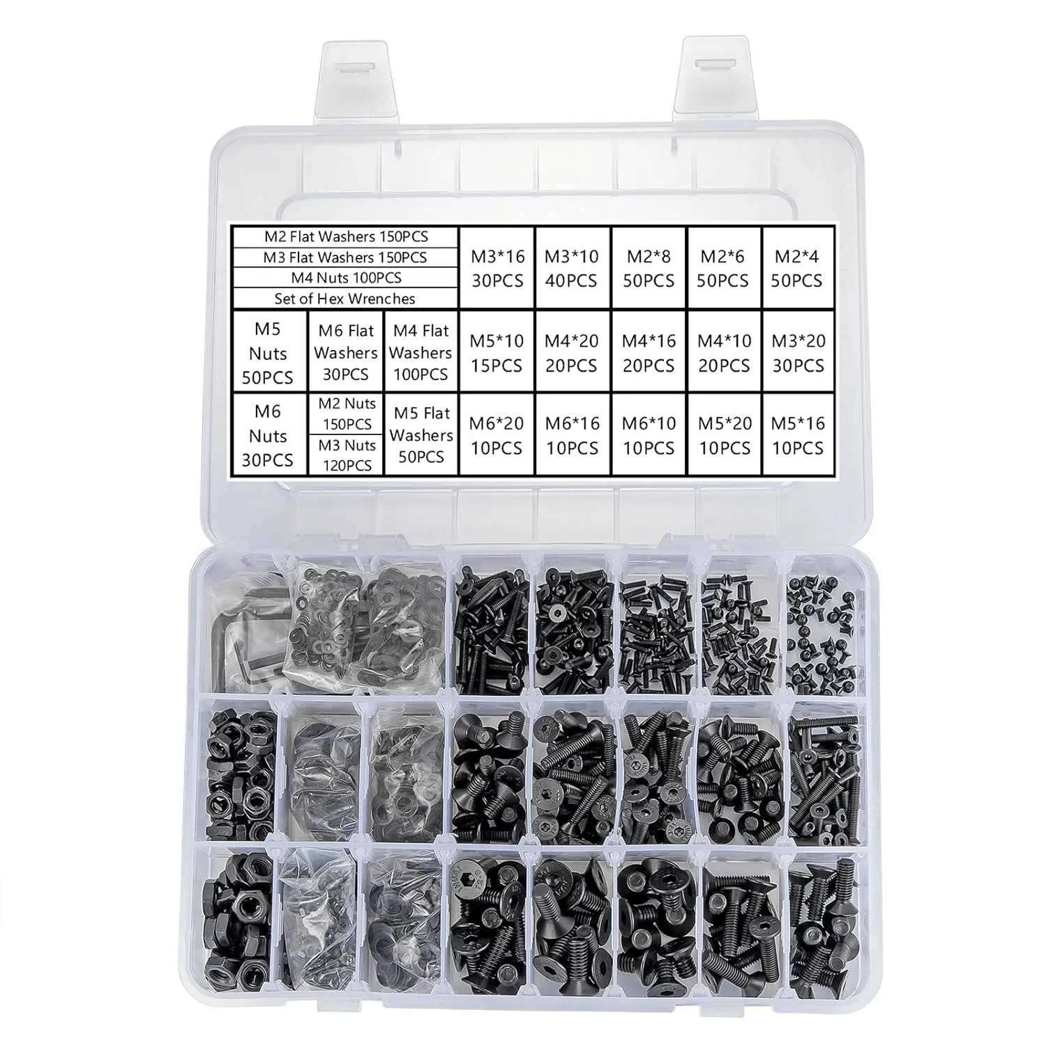 1310 Pcs M2 M3 M4 M5 M6 Hex Flat Head Cap Metric Machine Screw Assortment - Black 10.9 Grade Alloy Steel Assorted Screws Nuts and Bolts for Home Fixation&Repairs Include Flat & Lock Washers