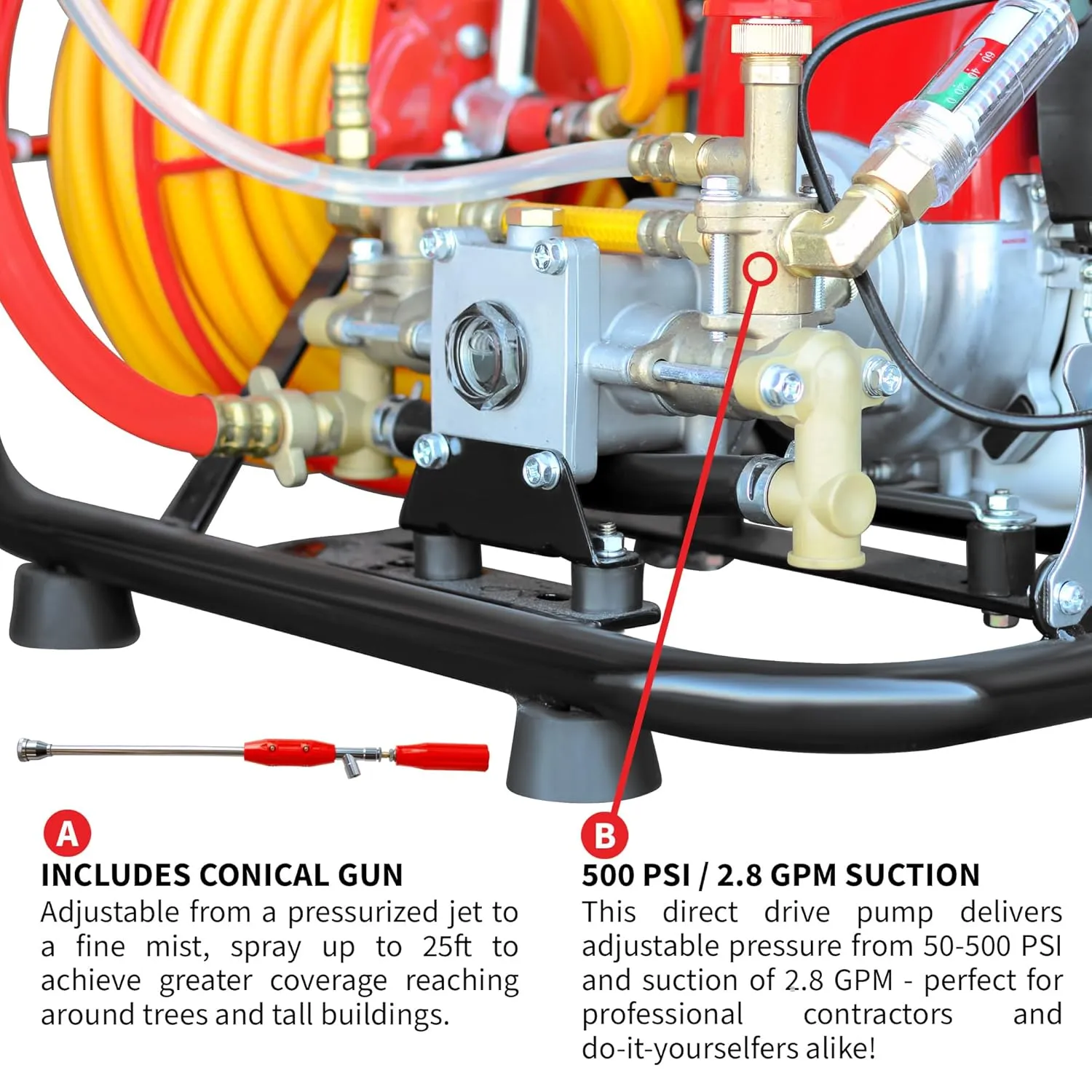 1.3HP Skid Sprayer Barrel Mount Only with Honda GX35 100ft Hose and 500 PSI Pump for Pest Control (Skid Sprayer   Conical Gun)