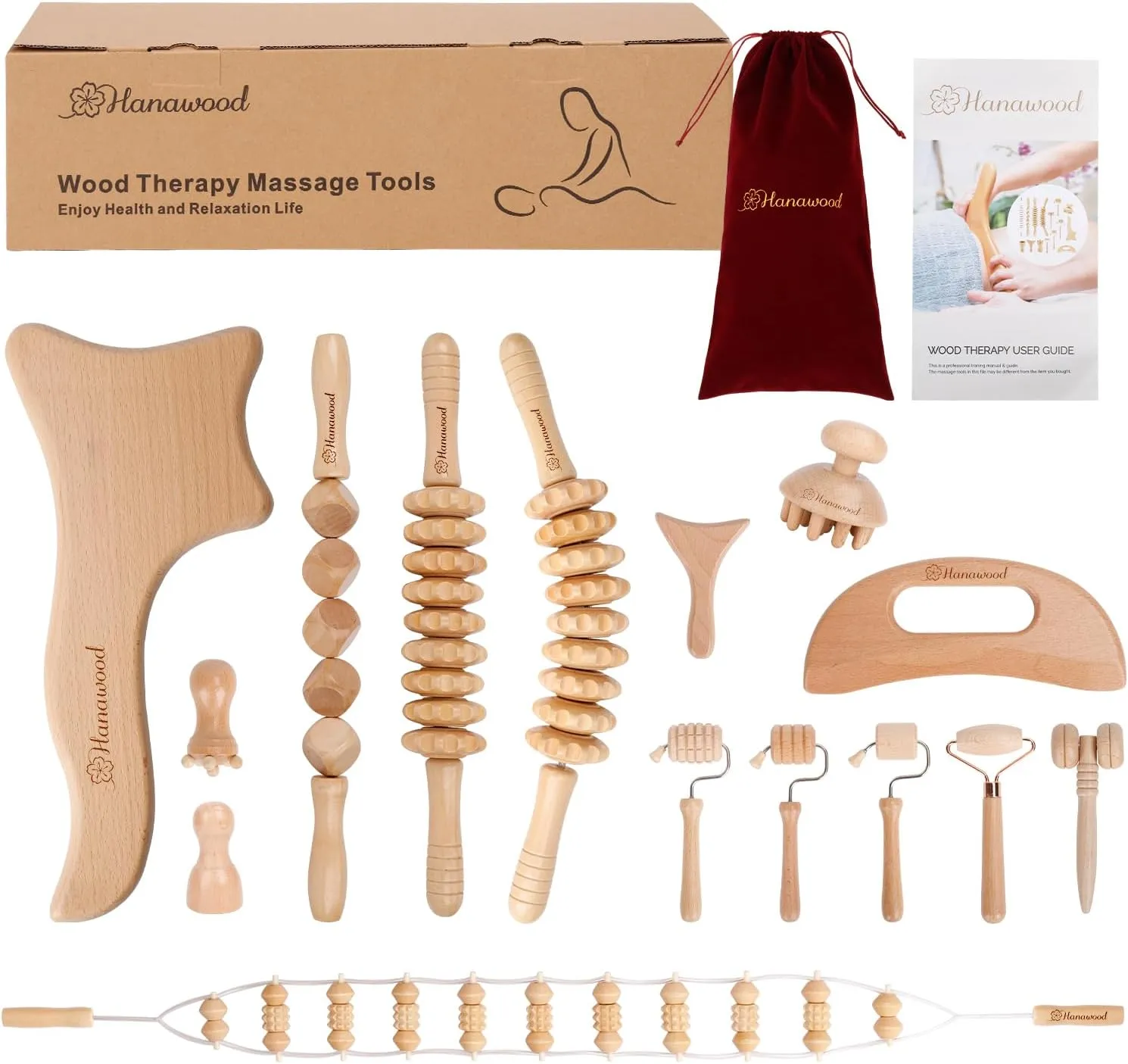 15 Pcs Wood Therapy Massage Tools Set Maderoterapia Kit Therapy Tools for Body Muscle Pain Relief Wooden Body Face Sculpting Tools Wood Roller Massager, Fascia Massage