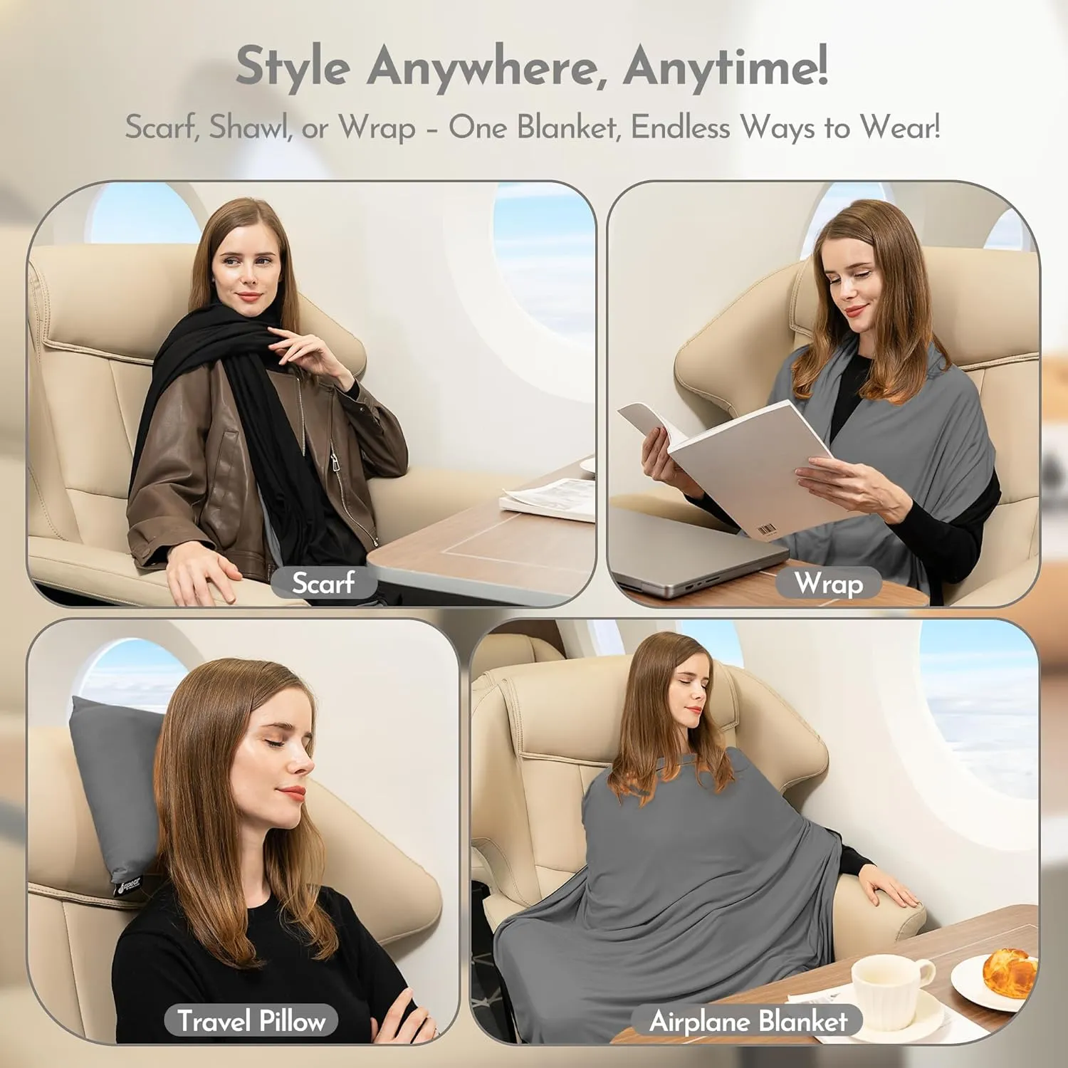 16-in-1 Compact Travel Blanket with Bag – Reversible, Ultra Soft Bamboo Airplane Blanket with Hidden Pocket - Lightweight & Packable for Flights, Camping, Picnic, Travel Essentials