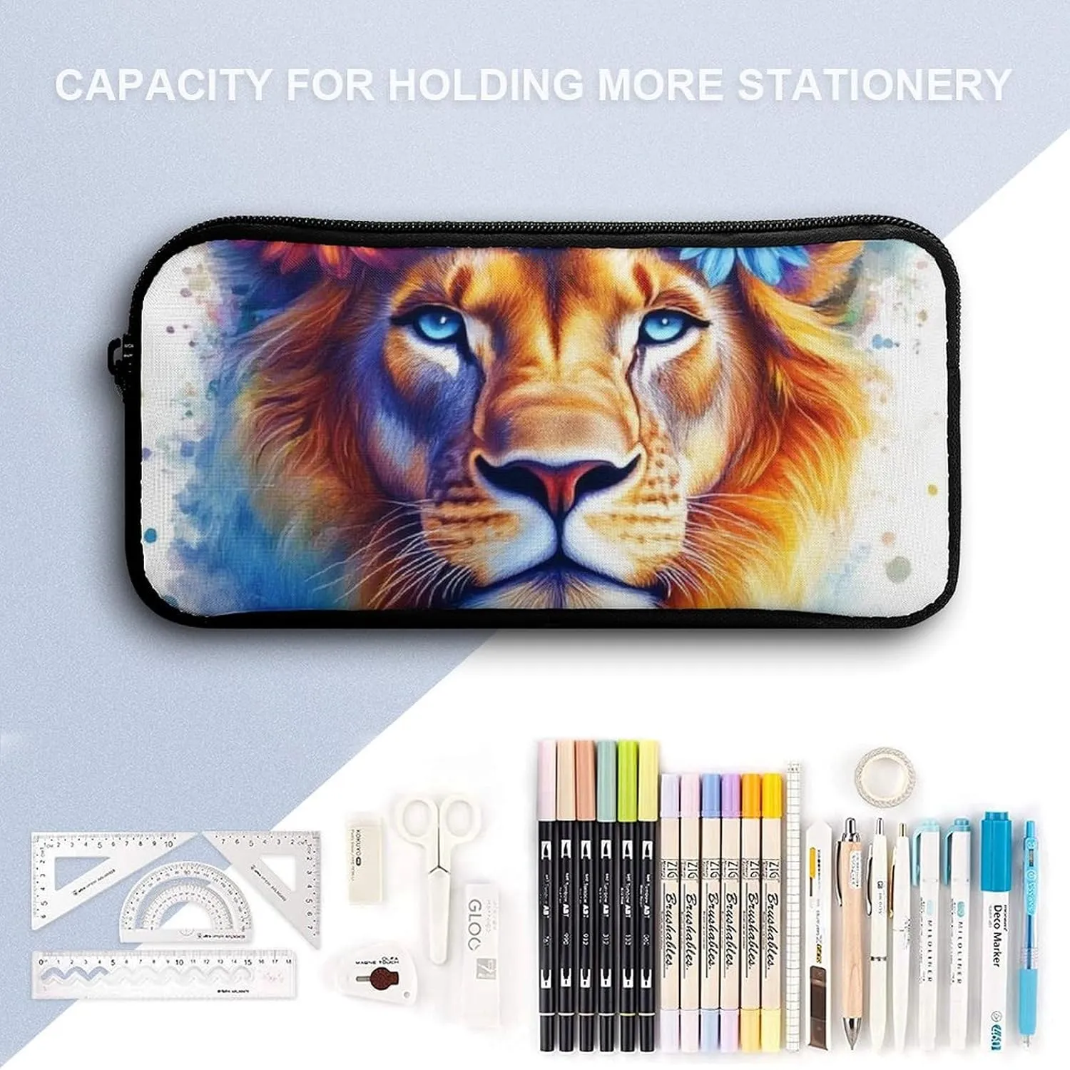 17 Inch Backpack with Lunch Bag and Pencil Case Set Flowers Floral White Colorful Lion Casual Daypack Insulated Lunch Box Stationery Organizer Pouch