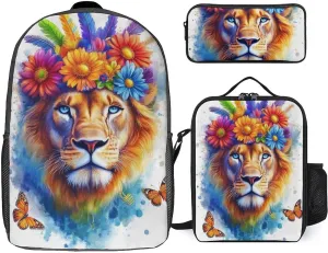 17 Inch Backpack with Lunch Bag and Pencil Case Set Flowers Floral White Colorful Lion Casual Daypack Insulated Lunch Box Stationery Organizer Pouch
