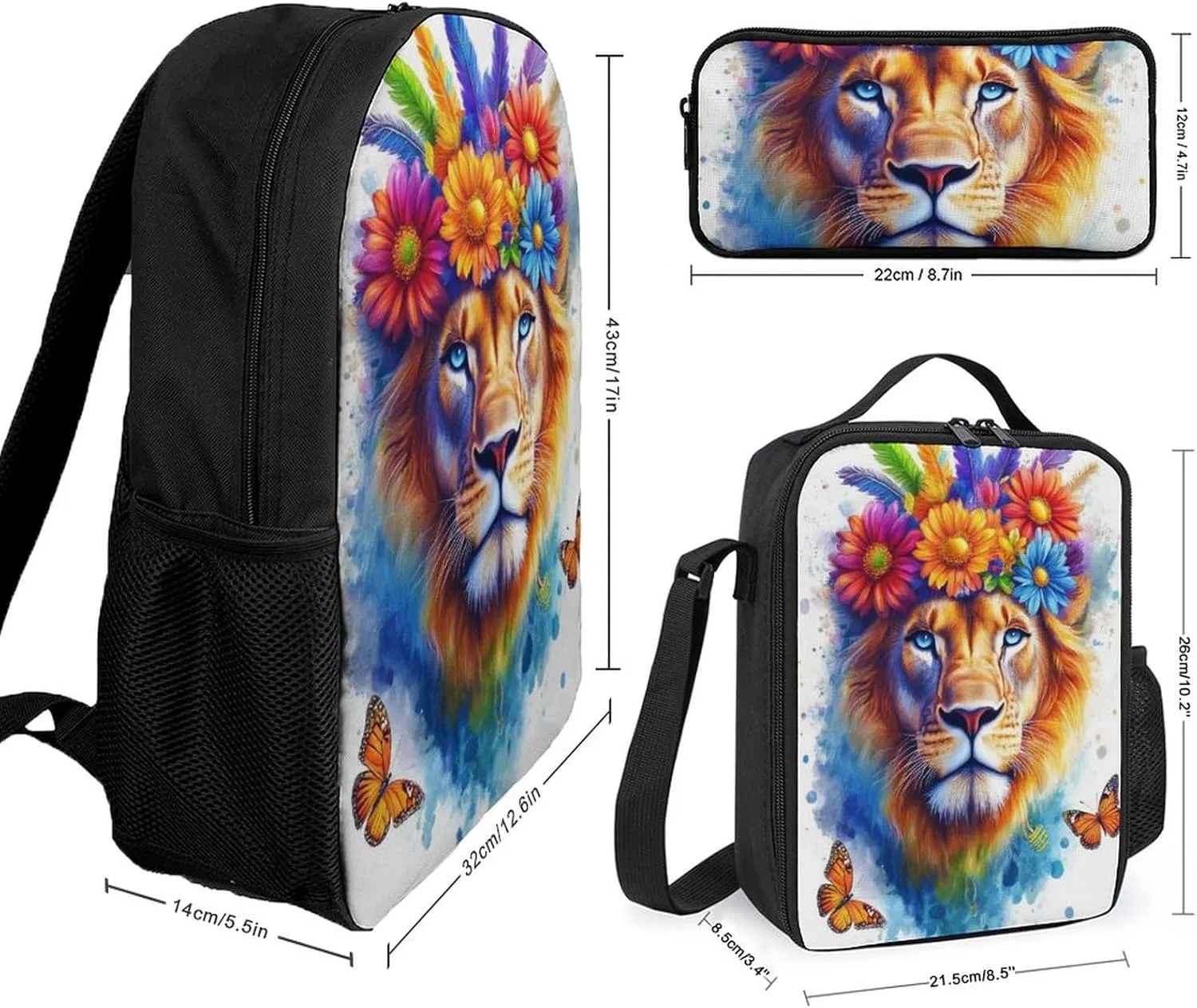 17 Inch Backpack with Lunch Bag and Pencil Case Set Flowers Floral White Colorful Lion Casual Daypack Insulated Lunch Box Stationery Organizer Pouch