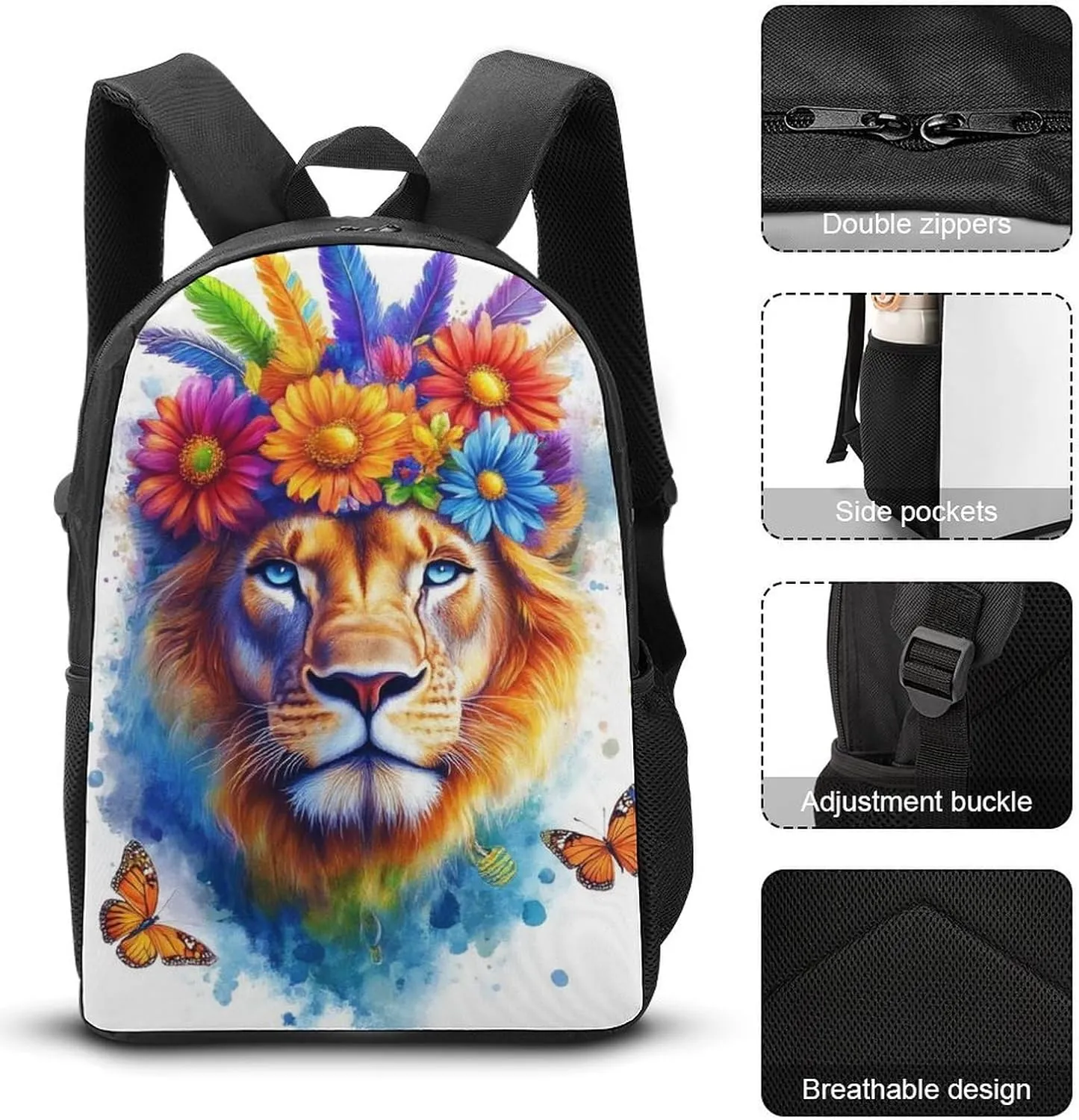 17 Inch Backpack with Lunch Bag and Pencil Case Set Flowers Floral White Colorful Lion Casual Daypack Insulated Lunch Box Stationery Organizer Pouch