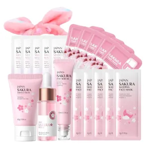 19 Pcs Japan Sakura Skin Care Set for Teen Girls - Skin Care for Teens 10-12 - Face Care Set for Women - Skin Care Routine Kit for Women with Mud Mask & Face Mask & Serum & Face Cream & Headband