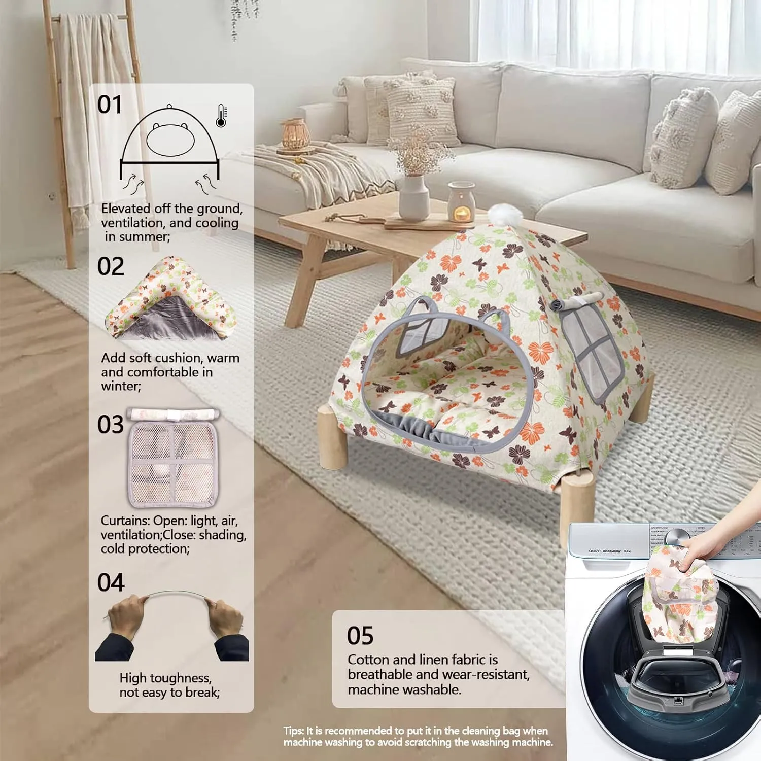 2-in-1 Elevated Cat Tent Cat House, Quick Assembly and Disassembly, Portable Indoor/Outdoor Cute Cat Bed Cave-Butterfly and Flower