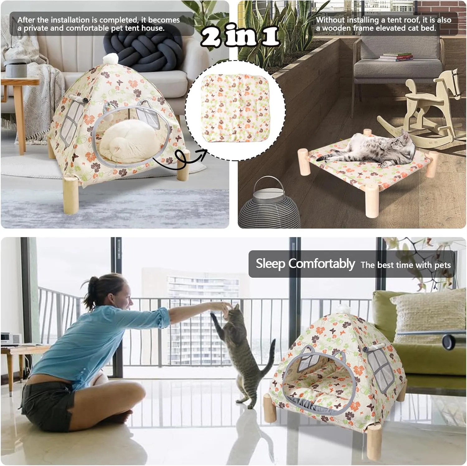 2-in-1 Elevated Cat Tent Cat House, Quick Assembly and Disassembly, Portable Indoor/Outdoor Cute Cat Bed Cave-Butterfly and Flower
