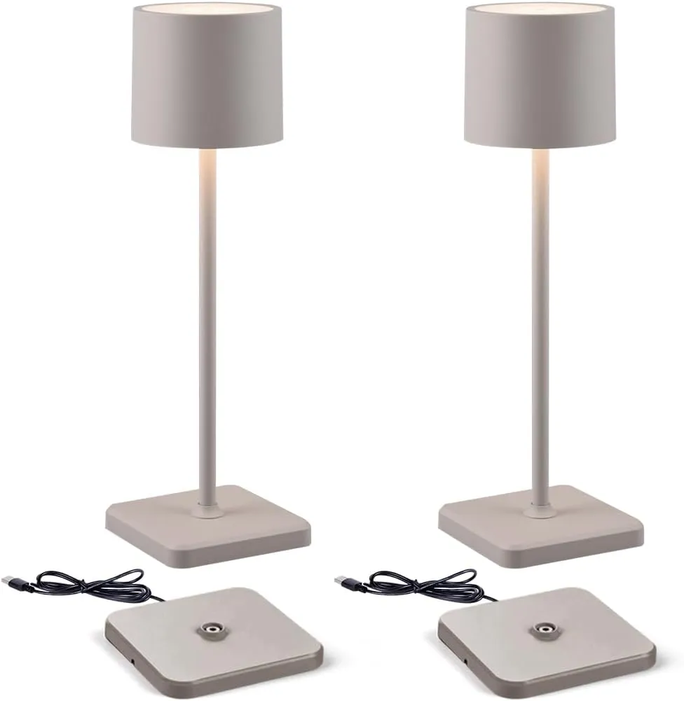 2 Pack Cordless Table Lamp Rechargeable, Wireless Charging LED Table Lamp, IP54 Waterproof Aluminum Bedside Light, Touch Control, Suitable for Indoor and Outdoor Use, Gray