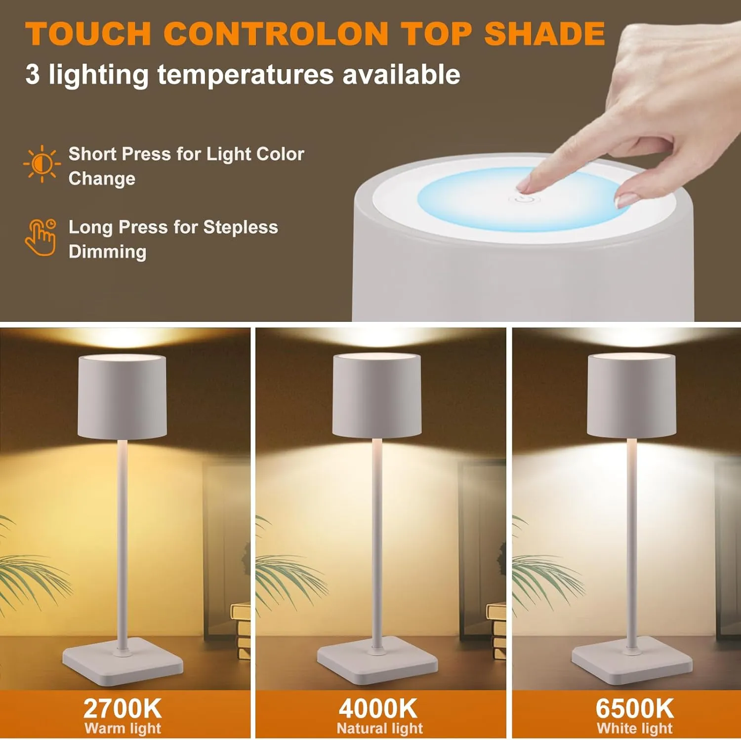 2 Pack Cordless Table Lamp Rechargeable, Wireless Charging LED Table Lamp, IP54 Waterproof Aluminum Bedside Light, Touch Control, Suitable for Indoor and Outdoor Use, Gray