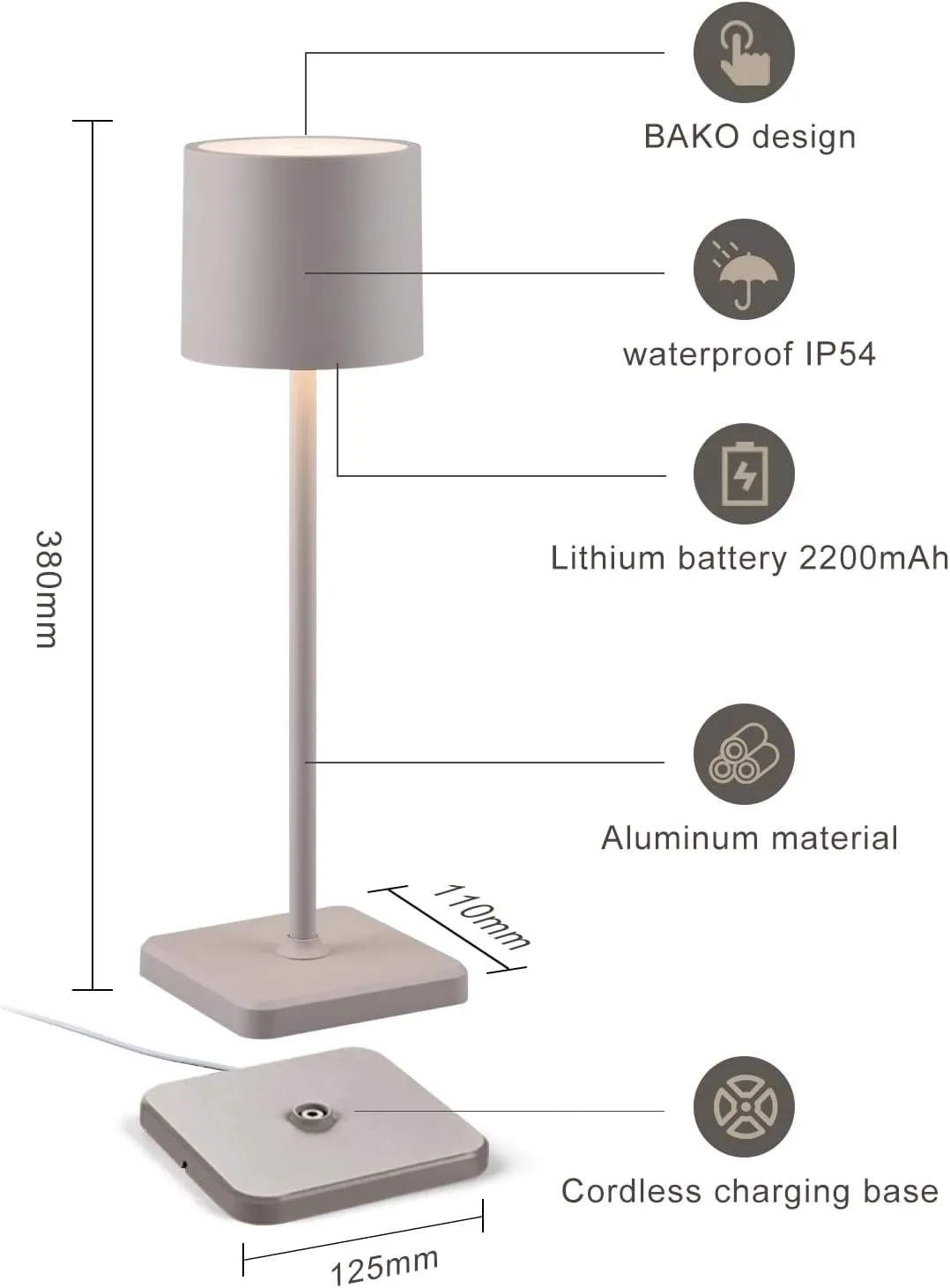 2 Pack Cordless Table Lamp Rechargeable, Wireless Charging LED Table Lamp, IP54 Waterproof Aluminum Bedside Light, Touch Control, Suitable for Indoor and Outdoor Use, Gray