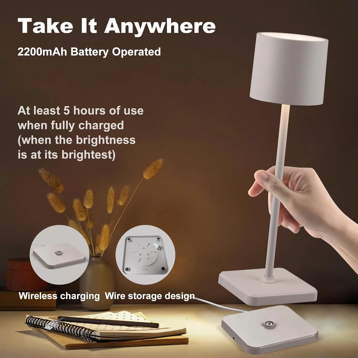 2 Pack Cordless Table Lamp Rechargeable, Wireless Charging LED Table Lamp, IP54 Waterproof Aluminum Bedside Light, Touch Control, Suitable for Indoor and Outdoor Use, Gray