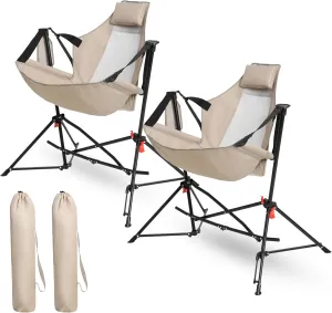 2-Pack Hammock Camping Chairs, Portable Folding Rocking Chair with Pillow & Cup Holder, Adjustable for Outdoor Travel, Lawn, Backyard – Khaki (2pcs)