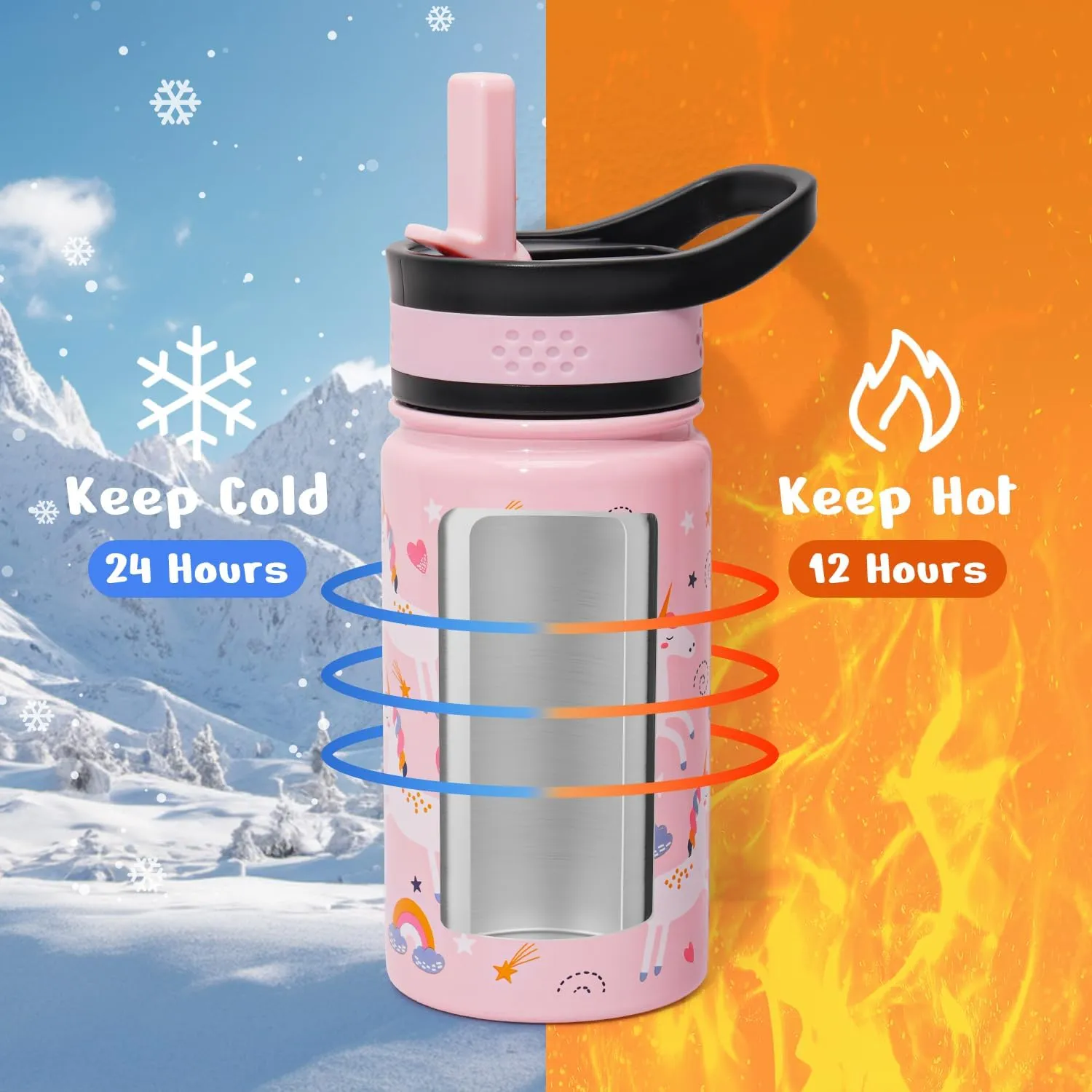 2-Pack Kids Water Bottle, BUZIO 14 oz Toddler Stainless Steel Insulated Water Bottles with Tritan Straw Lid, Leak Proof BPA-Free Wide Mouth Drink Flask for Shcool Boy Girl (Pink Unicorn Blue Dinosaur)