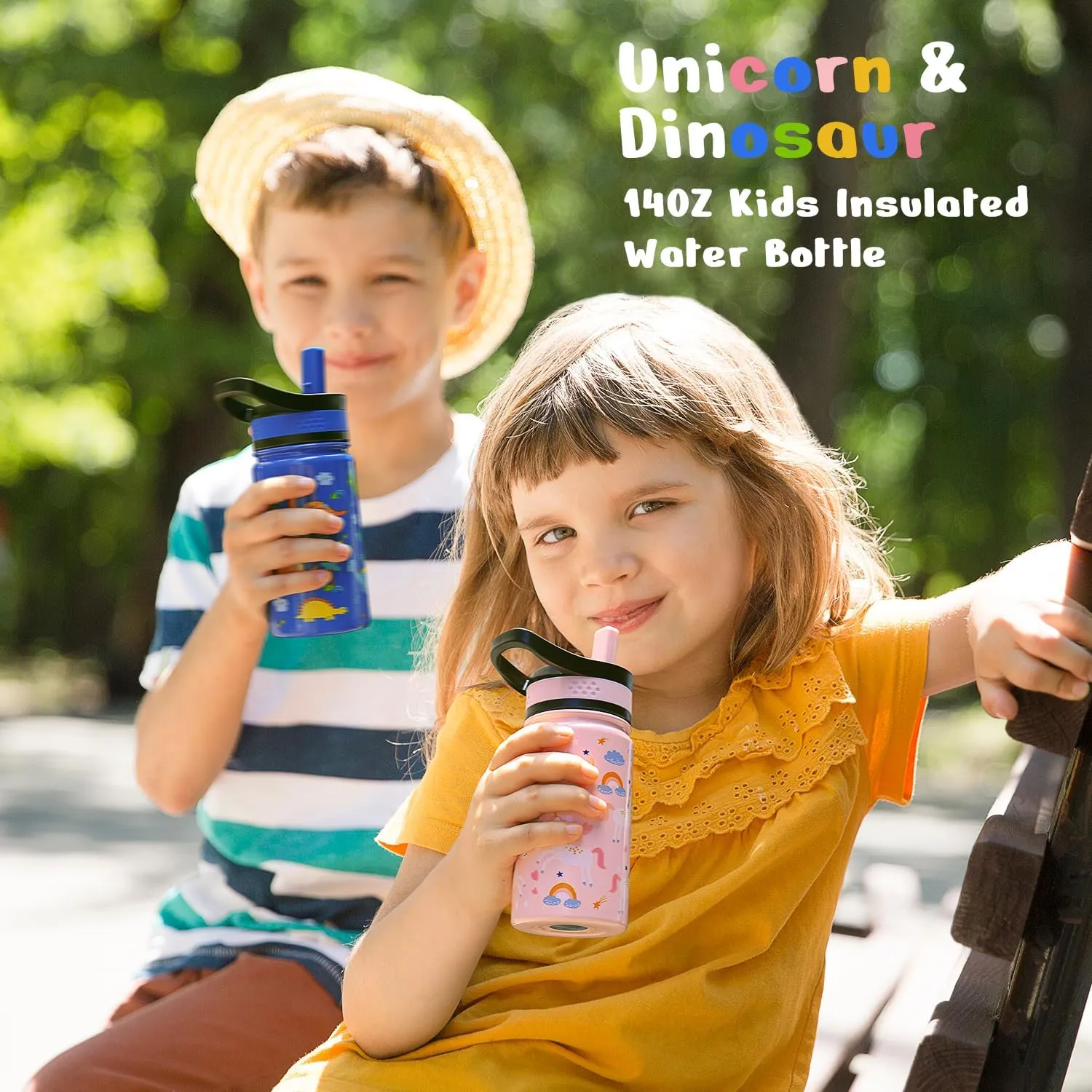 2-Pack Kids Water Bottle, BUZIO 14 oz Toddler Stainless Steel Insulated Water Bottles with Tritan Straw Lid, Leak Proof BPA-Free Wide Mouth Drink Flask for Shcool Boy Girl (Pink Unicorn Blue Dinosaur)