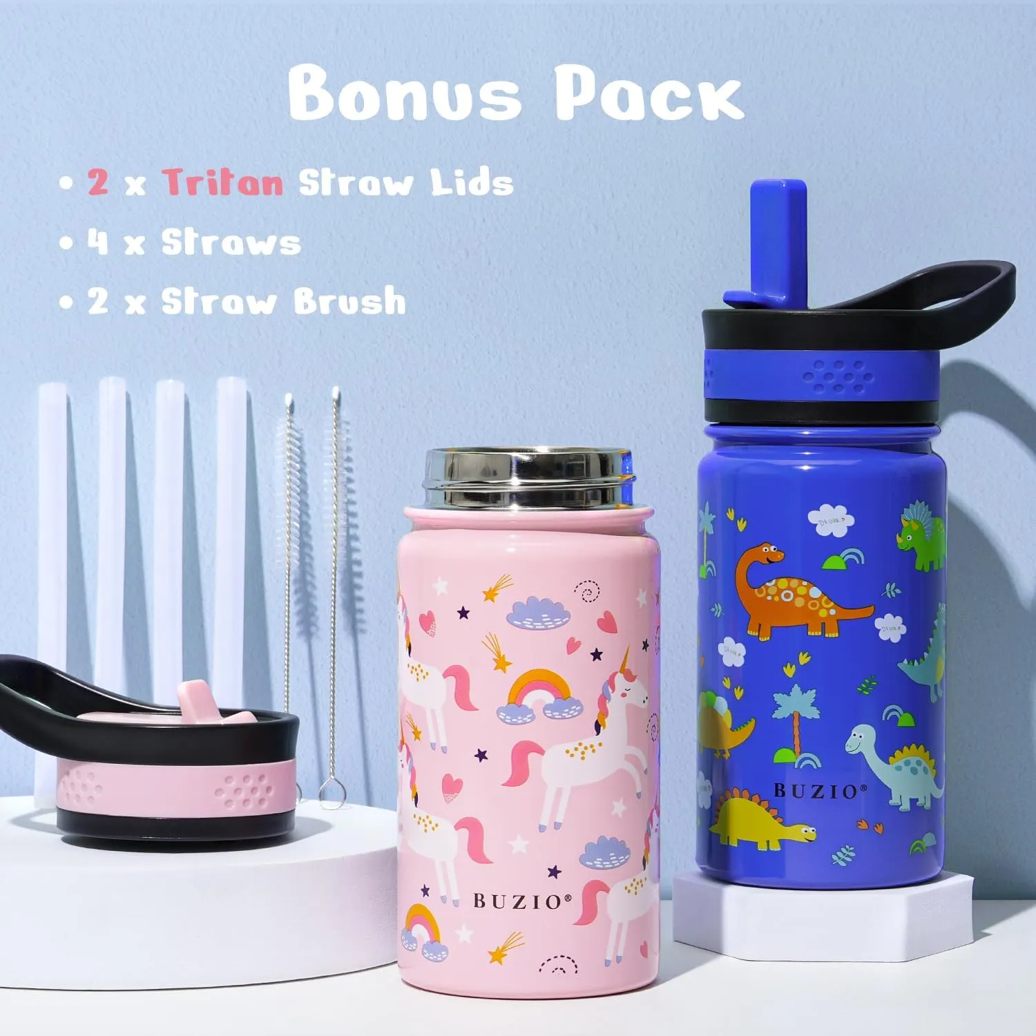 2-Pack Kids Water Bottle, BUZIO 14 oz Toddler Stainless Steel Insulated Water Bottles with Tritan Straw Lid, Leak Proof BPA-Free Wide Mouth Drink Flask for Shcool Boy Girl (Pink Unicorn Blue Dinosaur)