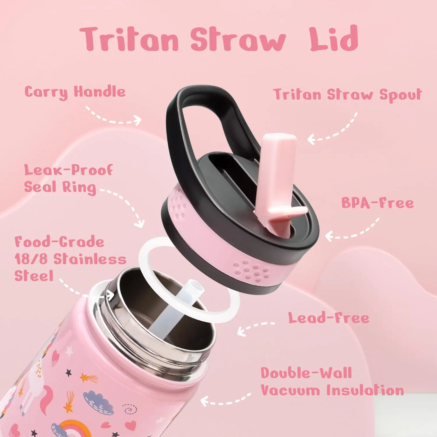 2-Pack Kids Water Bottle, BUZIO 14 oz Toddler Stainless Steel Insulated Water Bottles with Tritan Straw Lid, Leak Proof BPA-Free Wide Mouth Drink Flask for Shcool Boy Girl (Pink Unicorn Blue Dinosaur)