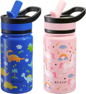 2-Pack Kids Water Bottle, BUZIO 14 oz Toddler Stainless Steel Insulated Water Bottles with Tritan Straw Lid, Leak Proof BPA-Free Wide Mouth Drink Flask for Shcool Boy Girl (Pink Unicorn Blue Dinosaur)