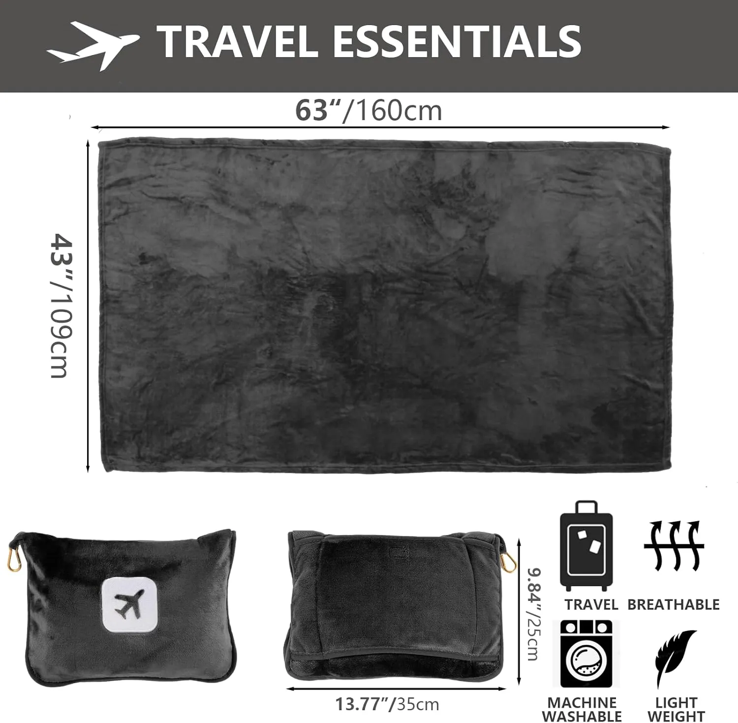 2 Pack Portable Travel Blanket and Pillow - Premium Soft 2 in 1 Airplane Blanket with Compact Pack Soft Bag Pillowcase, Hand Luggage Sleeve and Backpack Clip (Gray Black)