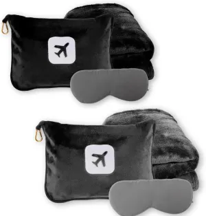 2 Pack Portable Travel Blanket and Pillow - Premium Soft 2 in 1 Airplane Blanket with Compact Pack Soft Bag Pillowcase, Hand Luggage Sleeve and Backpack Clip (Gray Black)