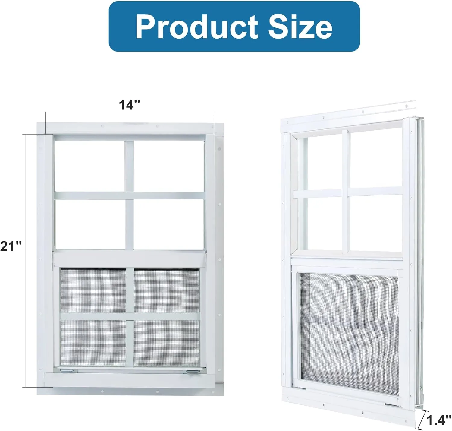 2 Pack Shed Window 14"X21" White Flush Mount Household Windows with Tempered Glass and Fiberglass Screen for Shed Chicken Coop Playhouse and Garage