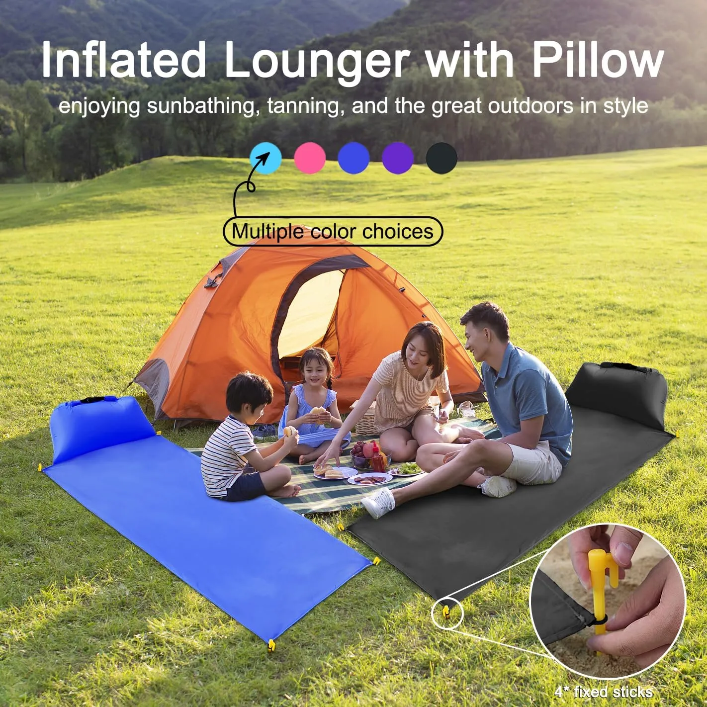2 pcs Inflatable Beach Chair and Beach Blanket Backrest Lounger with Carrying Bag - Lightweight and Simple Design for Camping and beach, Comfortable and Relaxing Beach Chair (black and navy blue)