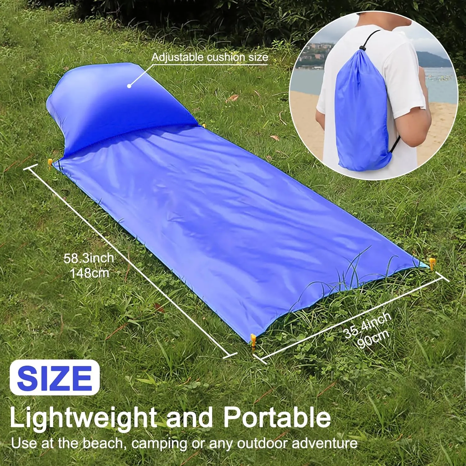 2 pcs Inflatable Beach Chair and Beach Blanket Backrest Lounger with Carrying Bag - Lightweight and Simple Design for Camping and beach, Comfortable and Relaxing Beach Chair (black and navy blue)