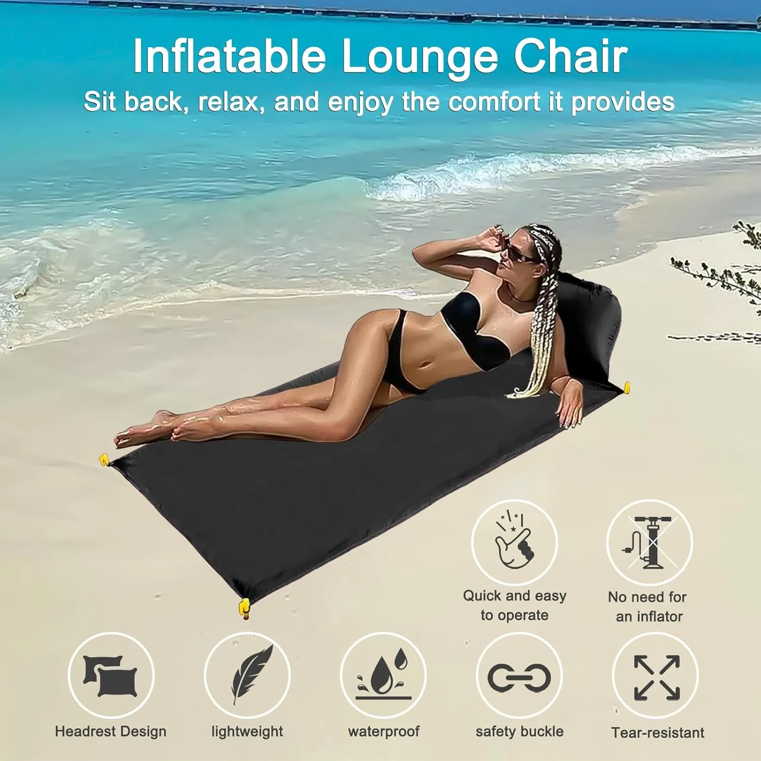 2 pcs Inflatable Beach Chair and Beach Blanket Backrest Lounger with Carrying Bag - Lightweight and Simple Design for Camping and beach, Comfortable and Relaxing Beach Chair (black and navy blue)