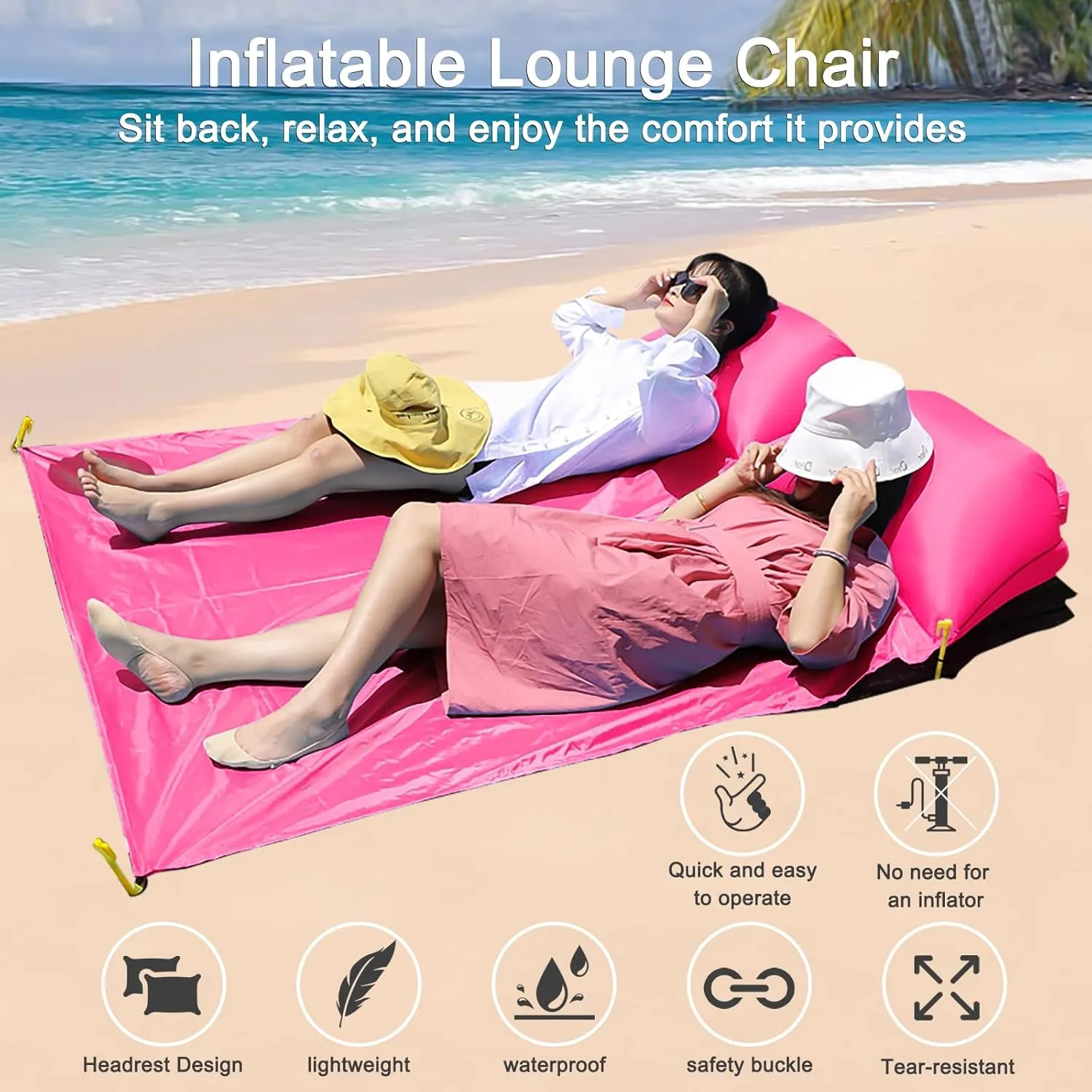 2 pcs Inflatable Beach Chair and Beach Blanket Backrest Lounger with Carrying Bag - Lightweight and Simple Design for Camping and Beach, Comfortable and Relaxing Beach Chair (Pink & Blue)