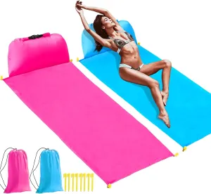 2 pcs Inflatable Beach Chair and Beach Blanket Backrest Lounger with Carrying Bag - Lightweight and Simple Design for Camping and Beach, Comfortable and Relaxing Beach Chair (Pink & Blue)