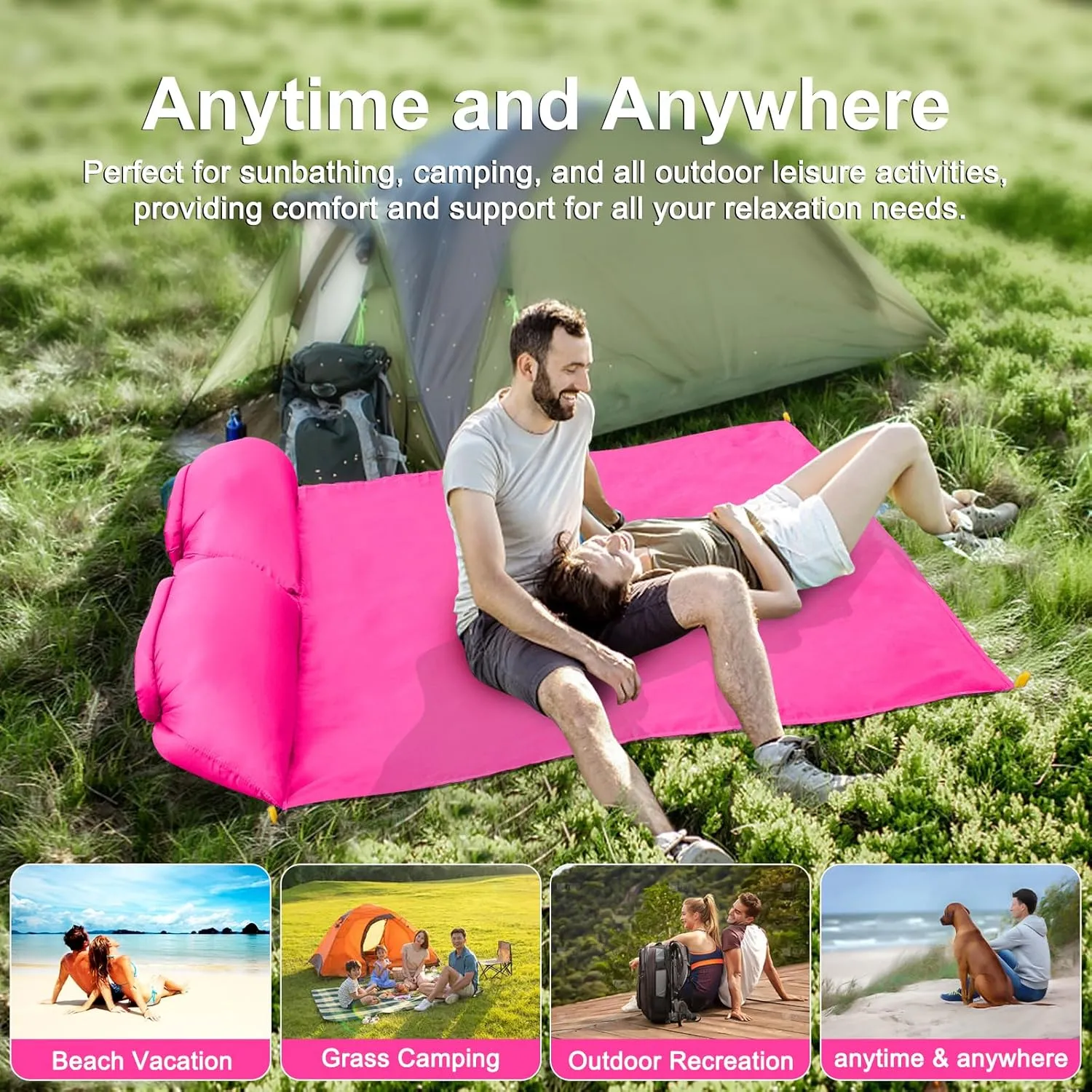 2 pcs Inflatable Beach Chair and Beach Blanket Backrest Lounger with Carrying Bag - Lightweight and Simple Design for Camping and Beach, Comfortable and Relaxing Beach Chair (Pink & Blue)