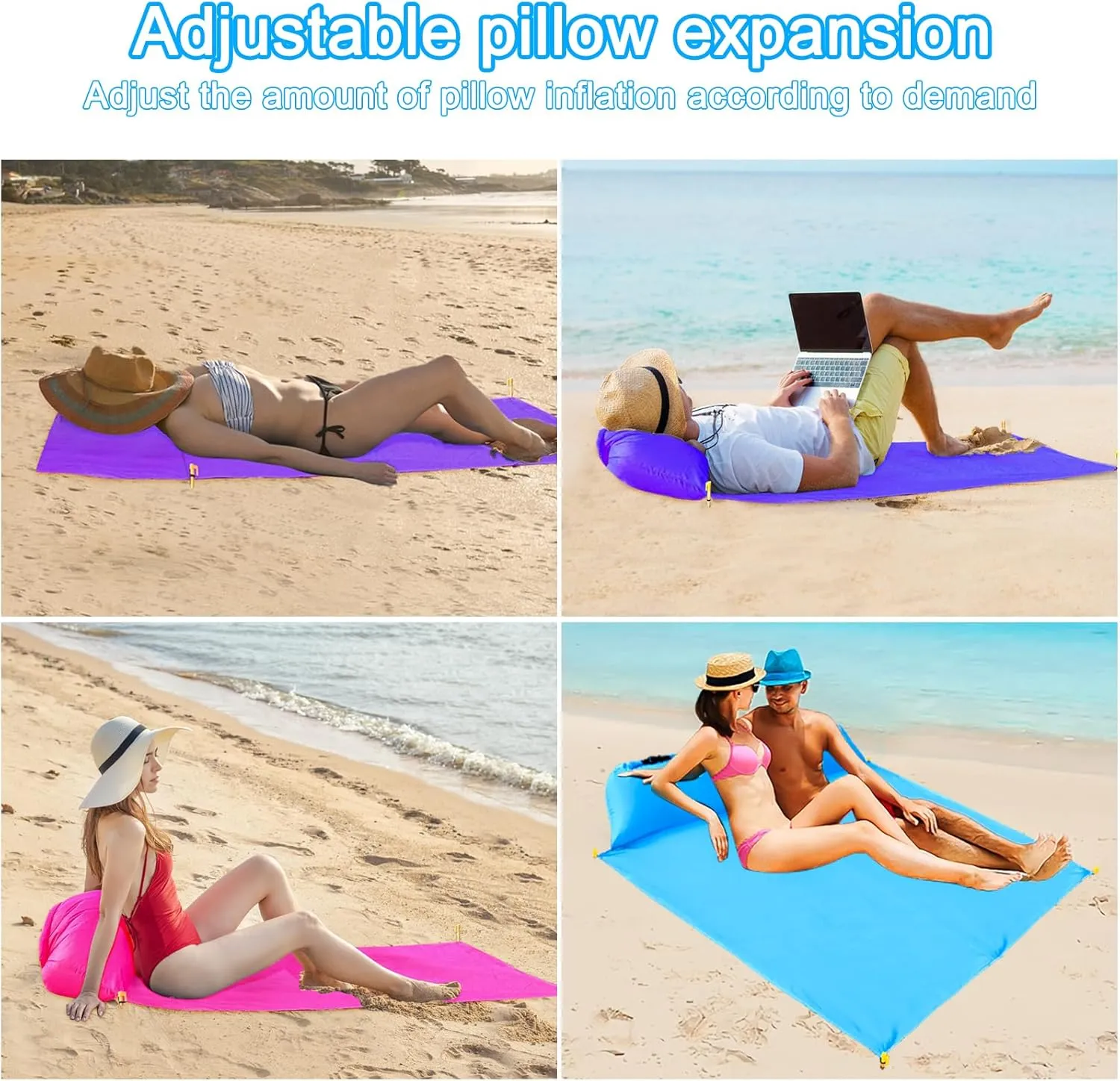 2 pcs Inflatable Beach Chair and Beach Blanket Backrest Lounger with Carrying Bag - Lightweight and Simple Design for Camping and Beach, Comfortable and Relaxing Beach Chair (Pink & Blue)