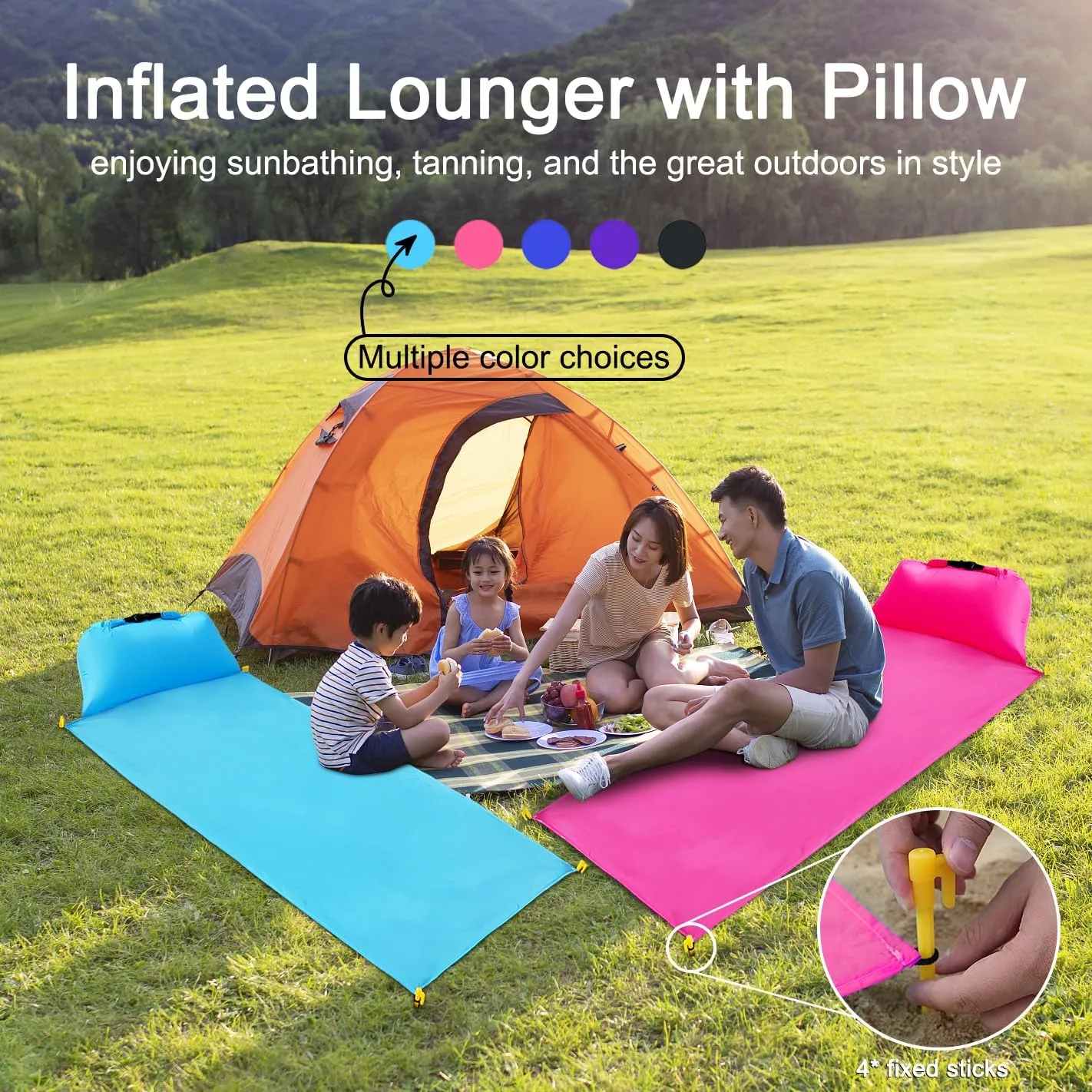 2 pcs Inflatable Beach Chair and Beach Blanket Backrest Lounger with Carrying Bag - Lightweight and Simple Design for Camping and Beach, Comfortable and Relaxing Beach Chair (Pink & Blue)
