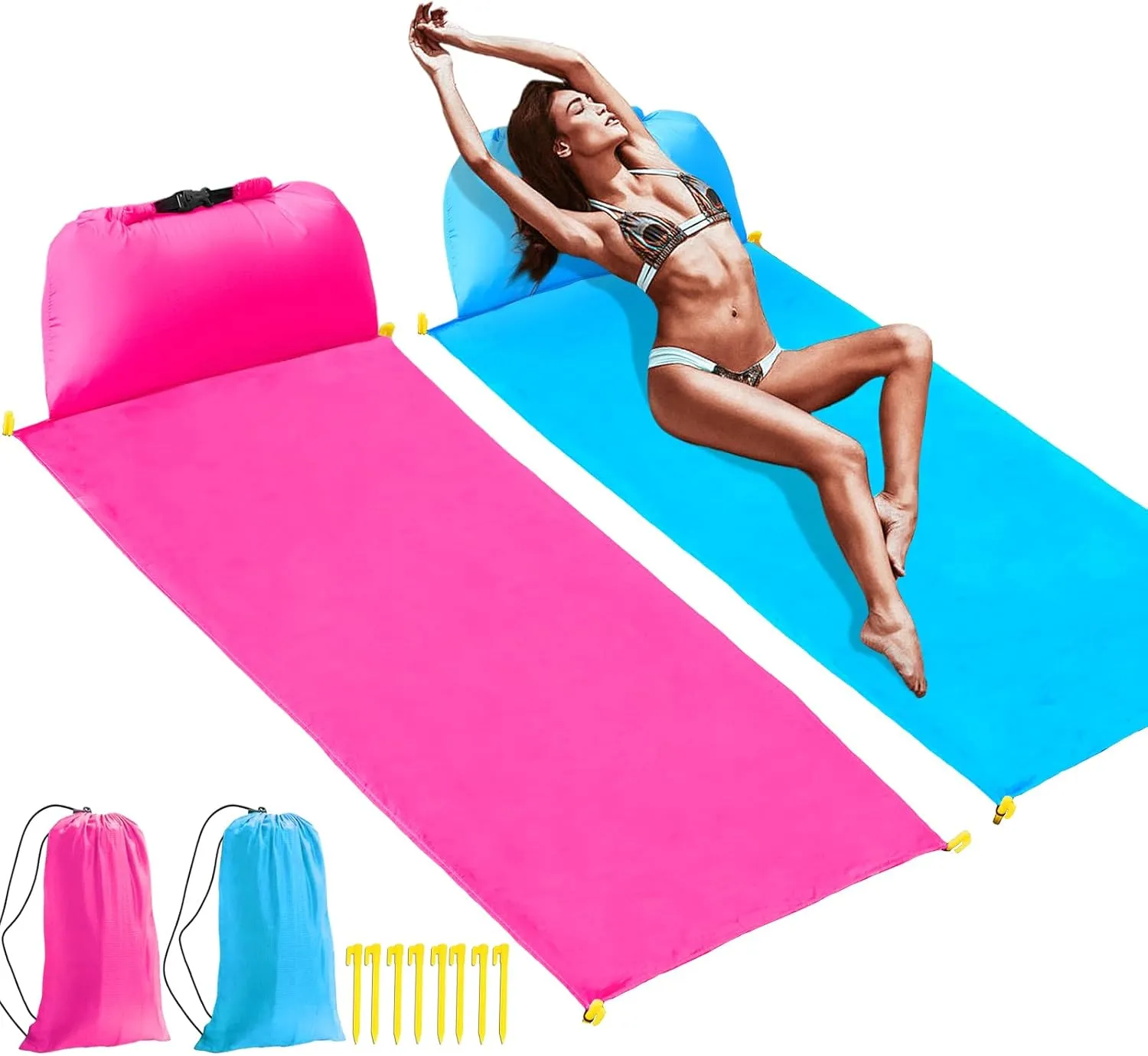 2 pcs Inflatable Beach Chair and Beach Blanket Backrest Lounger with Carrying Bag - Lightweight and Simple Design for Camping and Beach, Comfortable and Relaxing Beach Chair (Pink & Blue)