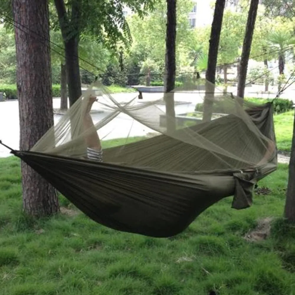 2 Person Camping Hammock with Mosquito Net - Portable Nylon Parachute Hammock with Tree Straps for Backpacking Travel and Outdoor Use
