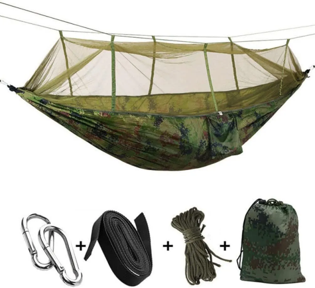 2 Person Camping Hammock with Mosquito Net - Portable Nylon Parachute Hammock with Tree Straps for Backpacking Travel and Outdoor Use