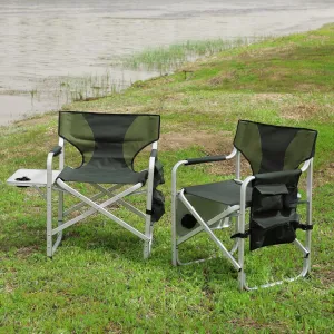 2-Piece Padded Folding Outdoor Chair Set with Side Table and Storage Pockets, Lightweight and Oversized for Camping and Picnics, Green