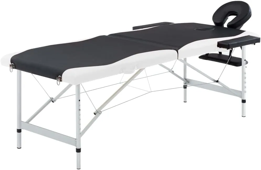 2-Zone Foldable Massage Table with Adjustable Height and Arm Supports, Portable Design, Black and White